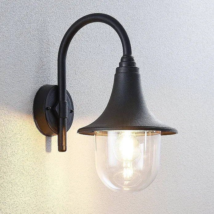 Lindby Außenwandleuchte Nalevi - 32,7 x 21,8 x 40,8 cm, schwarz, schwarz, IP44 - Schwarze Wandleuchte aus Metall mit klarem Glas und beleuchteter Glühbirne.