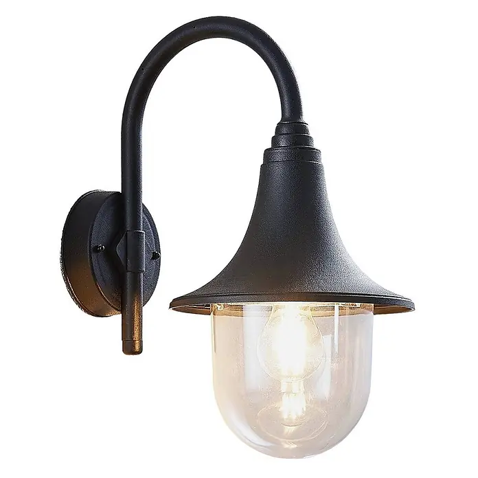 Lindby Außenwandleuchte Nalevi - 32,7 x 21,8 x 40,8 cm, schwarz, schwarz, IP44 - Schwarze Metall-Außenwandleuchte mit Schwanenhalsarm und klarer Glaskugel, die eine leuchtende Glühbirne umschließt.