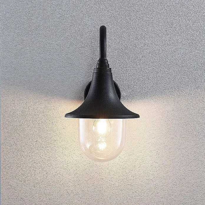 Lindby Außenwandleuchte Nalevi - 32,7 x 21,8 x 40,8 cm, schwarz, schwarz, IP44 - Schwarze Außenwandleuchte mit klarer Glaskuppel und sichtbarer Glühbirne.