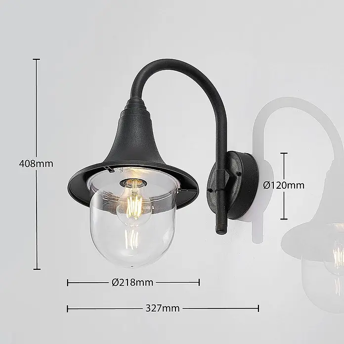 Lindby Außenwandleuchte Nalevi - 32,7 x 21,8 x 40,8 cm, schwarz, schwarz, IP44 - Schwarze Wandleuchte aus Metall für den Außenbereich mit klarem Glasschirm und sichtbarer Glühbirne.