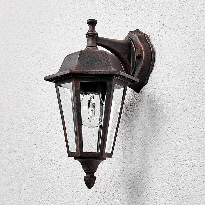 Lindby Außenwandleuchte Lamina - braun / rost, braun / rost, IP44 - Dunkelbraune Außenwandleuchte aus Metall mit klaren Glasscheiben und Glühbirne.