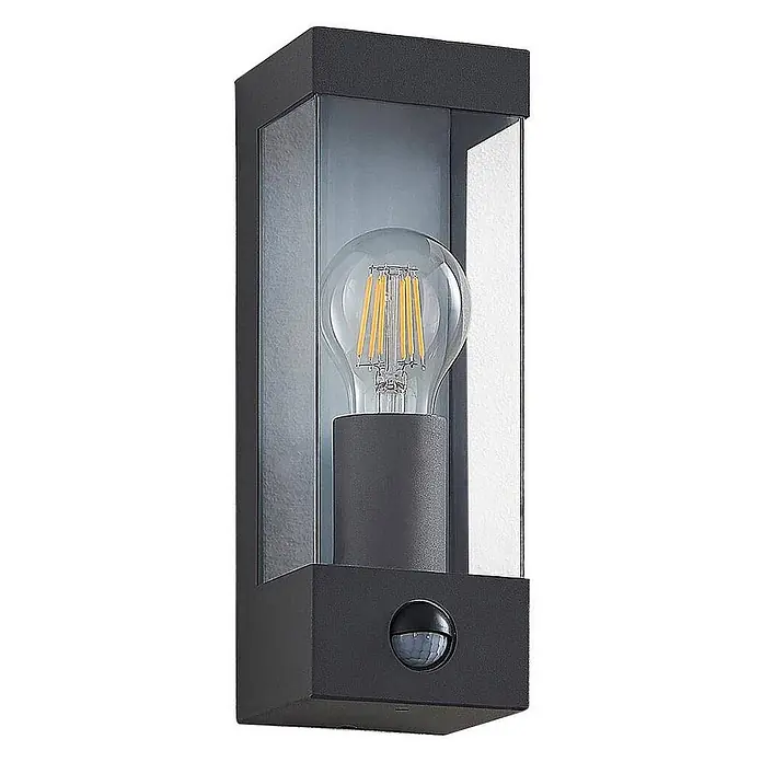Lindby Außenwandleuchte Tilian - alu / grau / zink, alu / grau / zink, IP44 - Dunkelgraue Außenwandleuchte mit Klarglasscheiben, freiliegender Vintage-LED-Glühbirne und integriertem Bewegungsmelder.