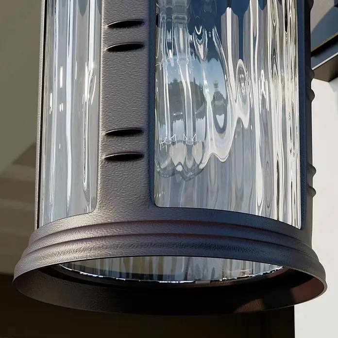 Lindby Außenwandleuchte Barret - braun / rost, IP23 - Dunkelbraune, texturierte Außenwandleuchte mit geripptem Klarglas und sichtbarer LED-Lichtquelle.