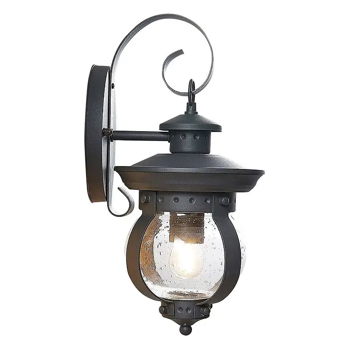Lindby Außenwandleuchte Farley - 22 x 18,5 x 40 cm, schwarz, IP44 - Schwarze Außenwandleuchte mit Zierarm und Blasenglasglobus, der eine warme Edison-Birne umschließt.