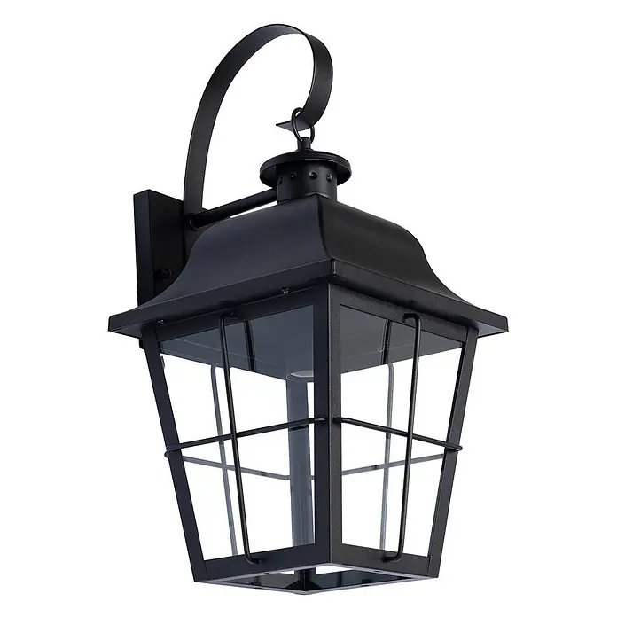 Lindby Außenwandleuchte Mertollio - 26,9 x 23,5 x 47,4 cm, schwarz, klar / transparent, IP43 - Schwarze Metall-Außenwandlaterne mit Glasscheiben und dekorativem geschwungenem Arm.