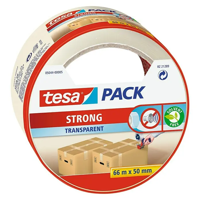 Tesa Cinta de embalaje Strong - 50 mm x 66 m, Transparente - Primer plano de un rollo de cinta adhesiva Tesa Pack Strong Transparent con un diseño rojo y blanco.