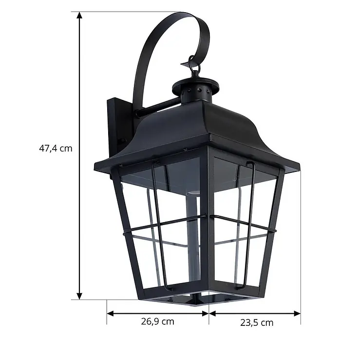 Lindby Außenwandleuchte Mertollio - 26,9 x 23,5 x 47,4 cm, schwarz, klar / transparent, IP43 - Schwarze Metall-Außenwandleuchte mit Glaspaneelen, 47,4 cm hoch.