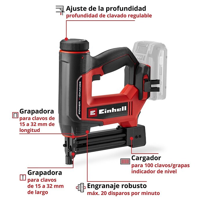 Einhell Power X-Change 18V Clavadora de batería TE-CN 18/32 Li - Solo (18 V, Sin batería, Longitud del clavo: 15 mm - 32 mm) | BAUHAUS
