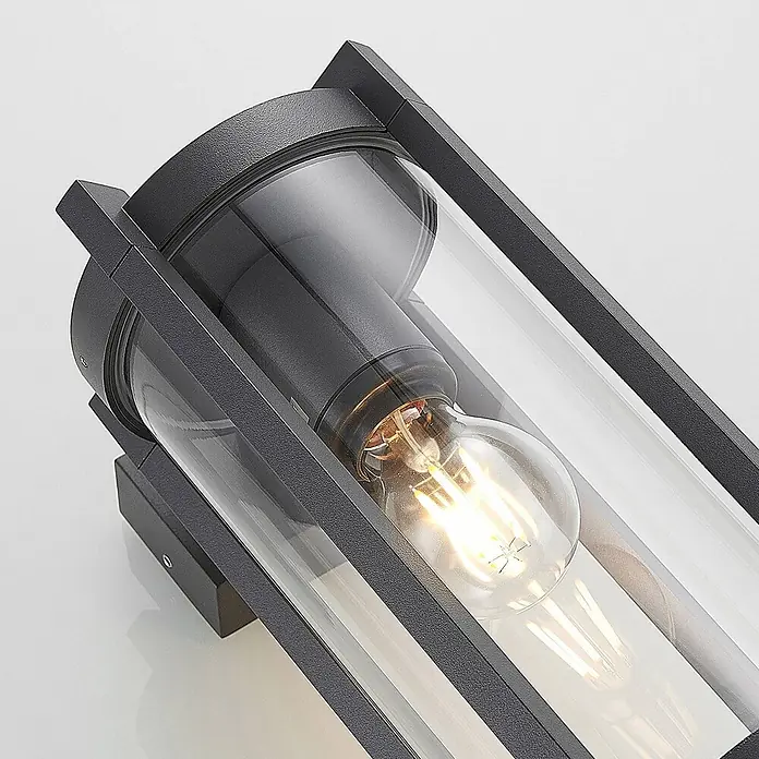 Lucande Außenwandleuchte Brienne - schwarz, IP54 - Moderne dunkelgraue Außenwandleuchte mit Klarglas und beleuchteter Filamentlampe.