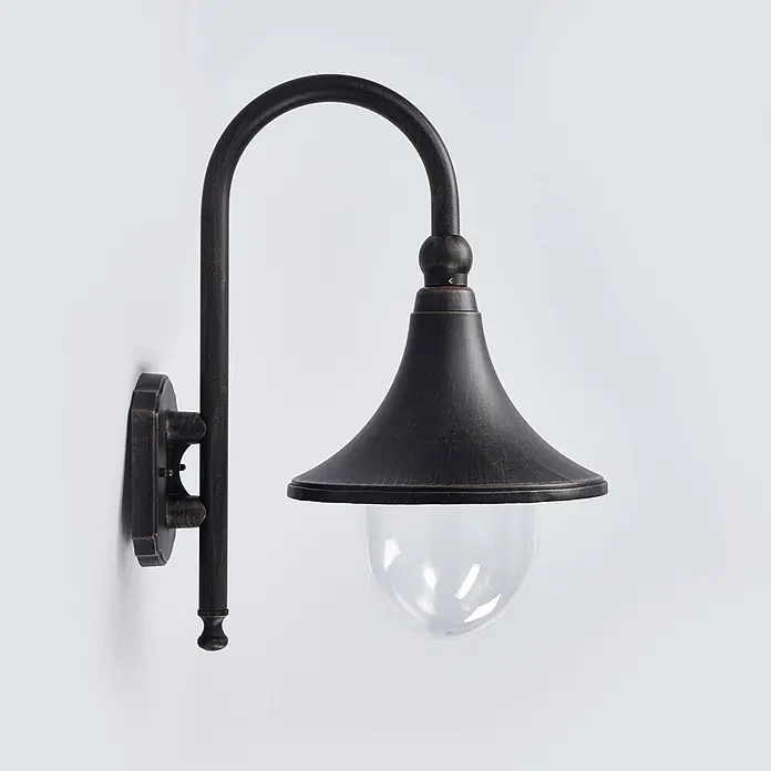 Lindby Außenwandleuchte Daphne - 35,5 x 24,5 x 44,2 cm, schwarz, schwarz, IP44 - Wandleuchte für den Außenbereich in Dunkelbronze mit geschwungenem Arm, glockenförmigem Schirm und Klarglaskugel.