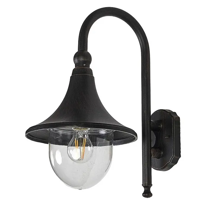 Lindby Außenwandleuchte Daphne - 35,5 x 24,5 x 44,2 cm, schwarz, schwarz, IP44 - Rustikale Wandleuchte aus dunklem Metall mit Schwanenhals, klarer Glaskuppel und sichtbarer LED-Glühbirne.