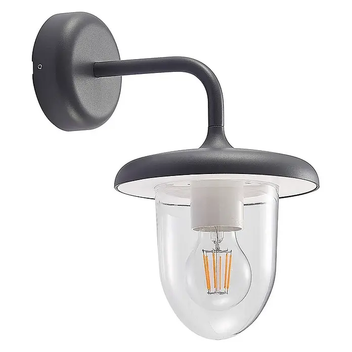 Prios Außenwandleuchte Larkumi - 24,7 x 18 x 30,3 cm, alu / grau / zink, IP54 - Dunkelgraue Wandleuchte mit klarer Glaskugel und sichtbarer LED-Filamentlampe.