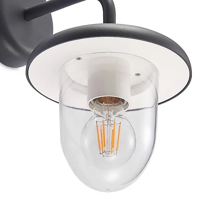 Prios Außenwandleuchte Larkumi - 24,7 x 18 x 30,3 cm, alu / grau / zink, IP54 - Schwarze Außenwandleuchte mit klarem Glasschirm und sichtbarer LED-Glühbirne.