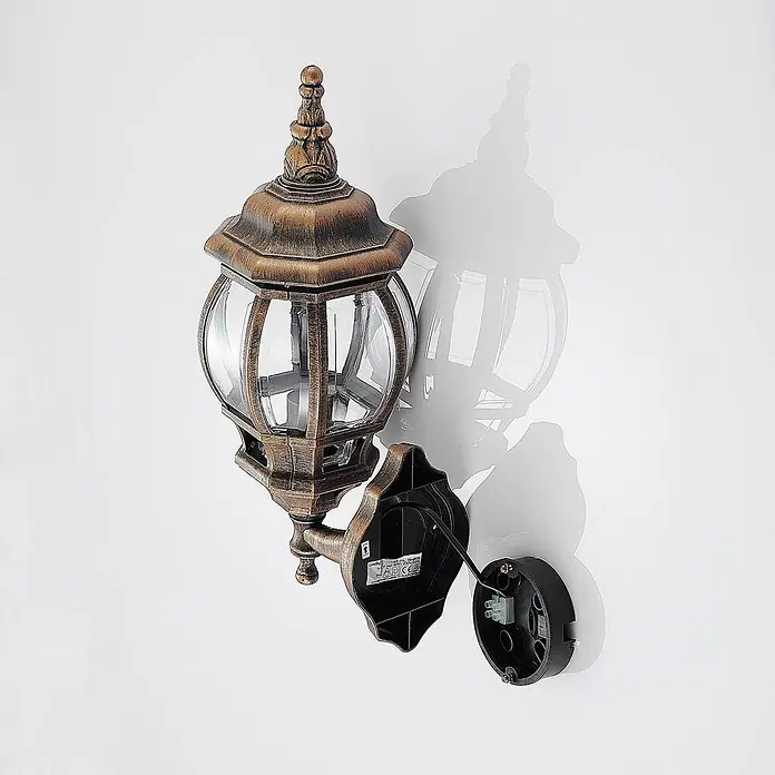 Lindby Außenwandleuchte Nadesha - messing / gold, messing / gold, IP44 - Antike bronzefarbene Außenwandleuchte mit Klarglas, teilweise demontiert mit Montagehalterung und Verkabelung.