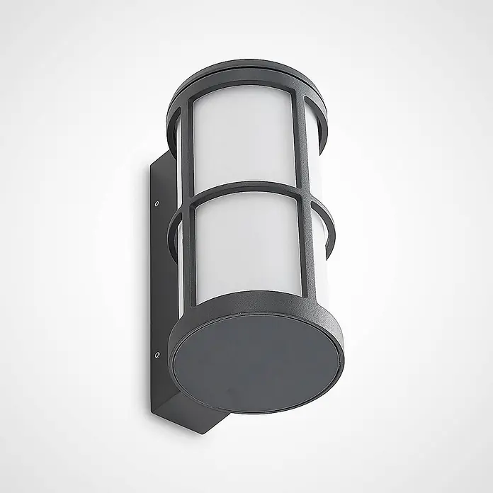 Lucande Außenwandleuchte Kelini - 15 x 12 x 23 cm, schwarz, schwarz, IP54 - Zylindrische dunkelgraue Außenwandleuchte mit mattweißer Abdeckung.