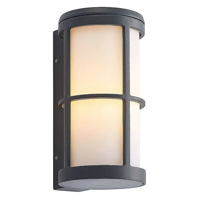 Lucande Außenwandleuchte Kelini - 15 x 12 x 23 cm, schwarz, schwarz, IP54 - Dunkelgraue, strukturierte Außenwandleuchte mit mattweißem Diffusor und Gitterdesign.