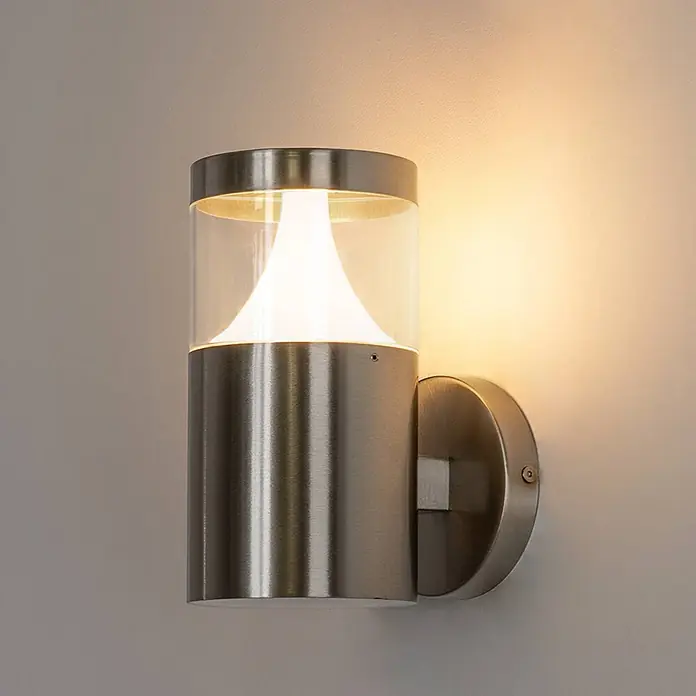 Arcchio Außenwandleuchte Rudolfine - alu / grau / zink, alu / grau / zink, IP54 - Wandleuchte aus gebürstetem Edelstahl mit Klarglaszylinder und weißem, konischem Diffusor, warmes Licht abstrahlend.