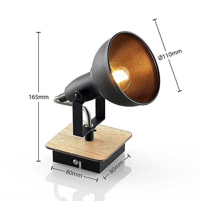 Lindby Wandstrahler Aylis - Holz dunkel, schwarz, E14 - Schwarze Metall-Schreibtischlampe mit verstellbarem Kopf und quadratischem Holzsockel. Maße: 165mm H, 110mm Schirm, 80x80mm Sockel.
