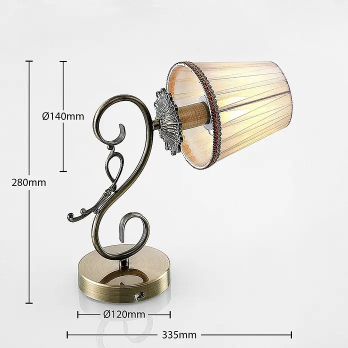 Lindby Wandleuchte Finnick - bronze / altmessing, weiß / opal, E14 - Tischleuchte aus antikem Bronze mit verschnörkelter Verzierung und cremefarbenem plissiertem Stoffschirm.