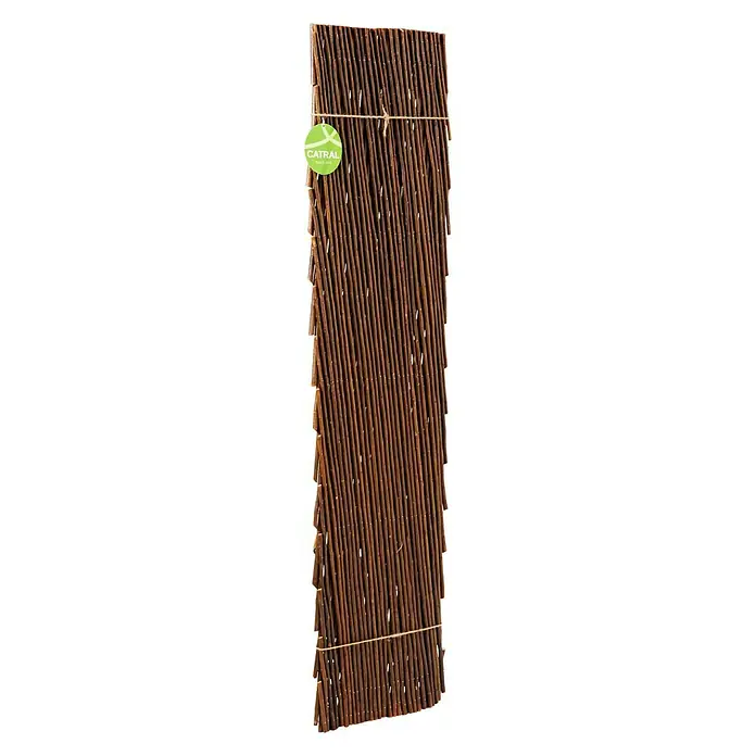 Nortene Sichtschutzelement - B x H: 0,5 x 1,5 m, Braun - Eine dekorative Weidenmatte der Marke Catral, zusammengebunden mit einem grünen Etikett, ideal als Sichtschutz im Garten.