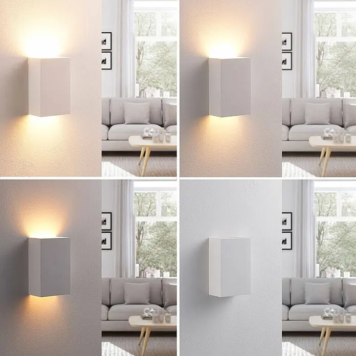 Lindby Wandleuchte Colja - weiß / opal, G9 - Weiße rechteckige Wandleuchte an einer Wand im Wohnzimmer, ausgeschaltet und warmes Up-Down-Licht abstrahlend gezeigt.