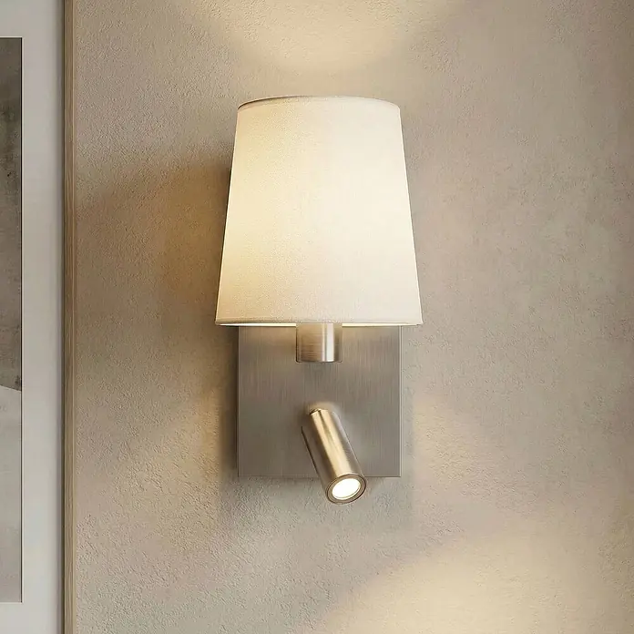 Lindby Wandleuchte Aiden - L x B x H: 17,6 x 14 x 30,8 cm, alu / grau / zink, weiß / opal, E14 - Gebürstete Metall-Wandleuchte mit weißem Stoffschirm und verstellbarem LED-Lesespot.