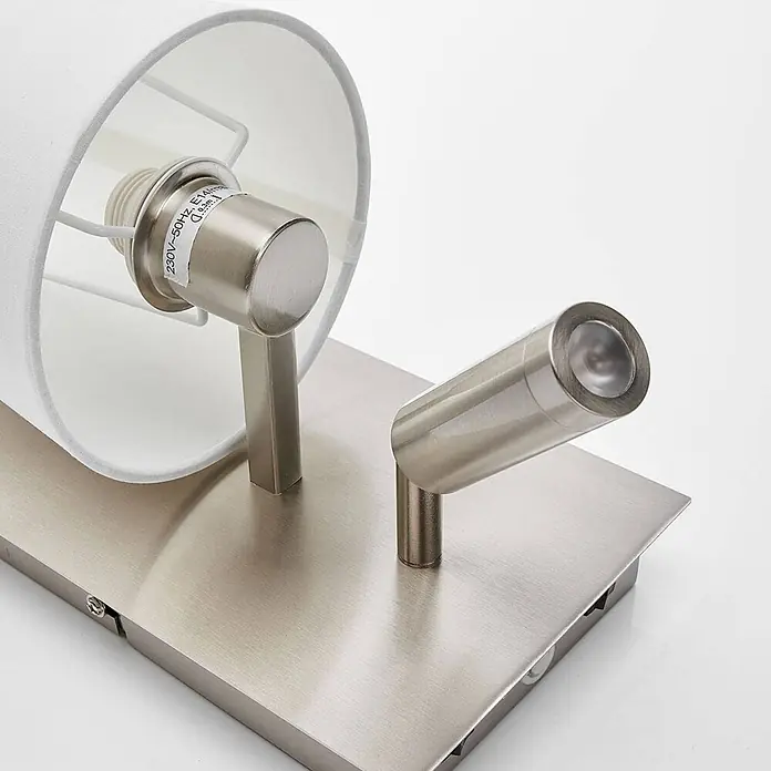 Lindby Wandleuchte Aiden - L x B x H: 17,6 x 14 x 30,8 cm, alu / grau / zink, weiß / opal, E14 - Wandleuchte aus gebürstetem Metall mit weißem Stoffschirm und verstellbarem Strahler.