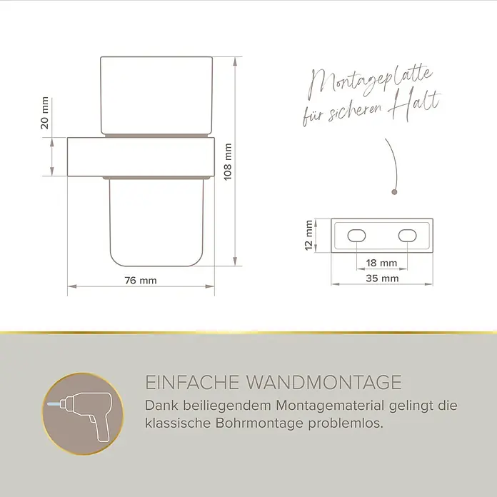 Lenz Aura Glashalter - Chrom, Glänzend, L x B x H: 110 x 80 x 75 mm - Technische Zeichnung eines Wandhalters mit Maßen (H 108mm, B 76mm) und einer Montageplatte (35x12mm) für einfache, sichere Bohrmontage.