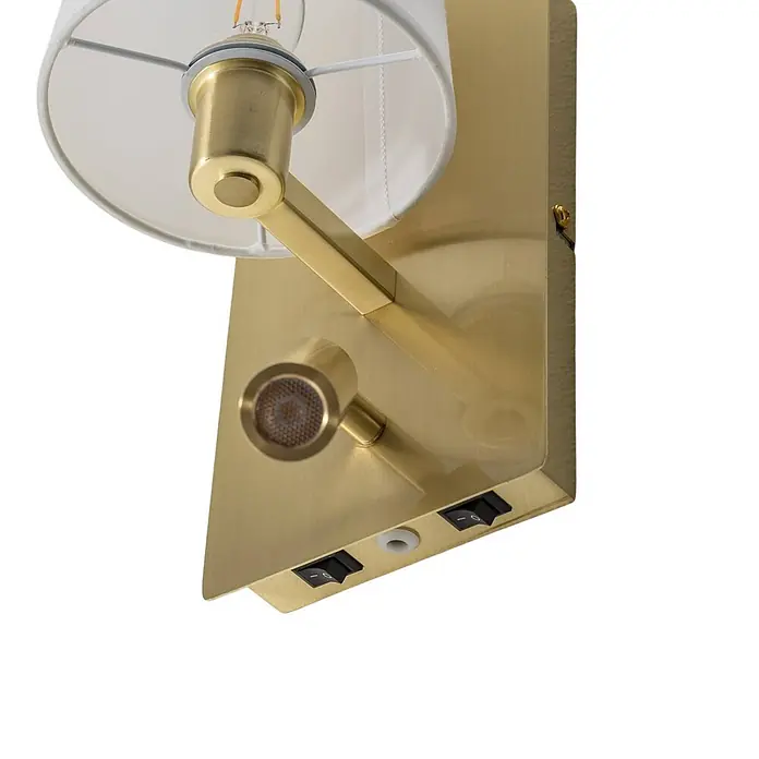 Lindby Wandleuchte Aiden - L x B x H: 17,6 x 14 x 30,8 cm, messing / gold, E14 - Gebürstete Messing-Wandleuchte mit weißem Stoffschirm, verstellbarer Leselampe und zwei Schaltern.
