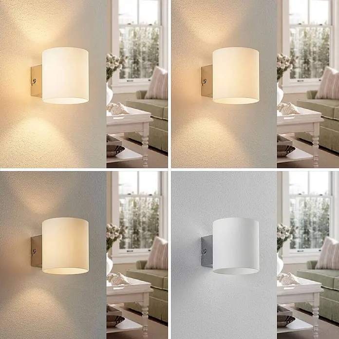 Lindby Wandleuchte Gerrit - L x B x H: 12,2 x 9,2 x 9,5 cm, weiß / opal, G9 - Zylindrische Wandleuchte mit weißem Schirm und Metallfuß, die einen Raum mit einstellbarem warmem bis kaltem Licht beleuchtet.