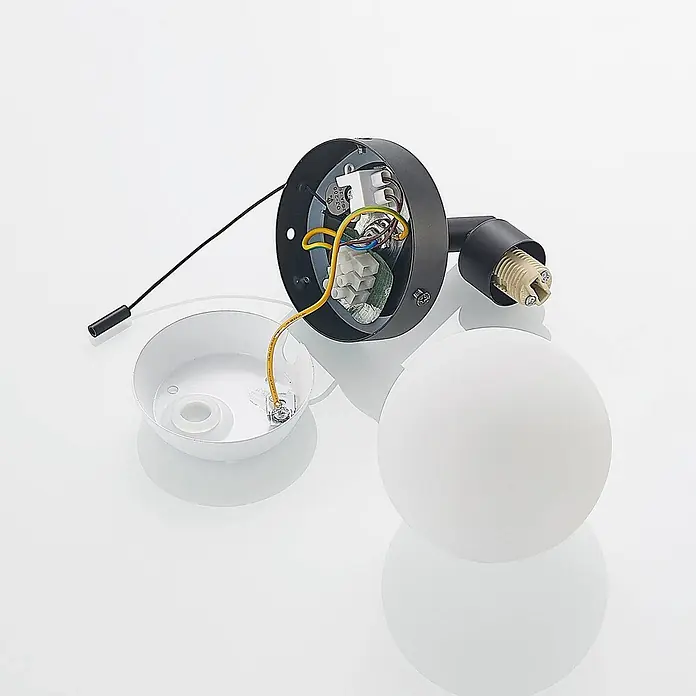 Lindby Wandleuchte Zaniba - L x B x H: 12,4 x 10 x 17,7 cm, schwarz, G9 - Zerlegte Lampenteile: schwarze Metallbasis mit Verkabelung, weißer Kugelglasschirm und Abdeckung.