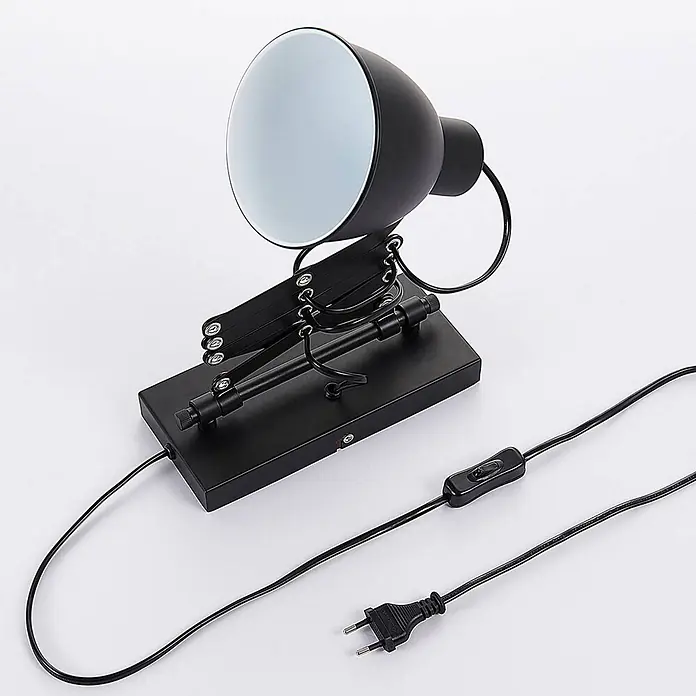 Lindby Wandleuchte Merle - schwarz, schwarz, E14 - Schwarze Metall-Schreibtischlampe mit verstellbarem Arm, weißer Innenschirm, Stromkabel mit Schalter und Eurostecker.