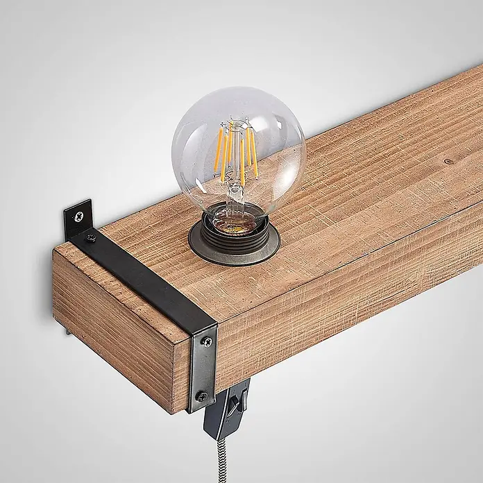 Lindby Wandleuchte Sverina - L x B x H: 12 x 40 x 10 cm, Holz dunkel, E27 - Wandlampe im Industriestil mit rustikalem Holzbrett, dunkler Metallhalterung und freiliegender LED-Glühbirne.