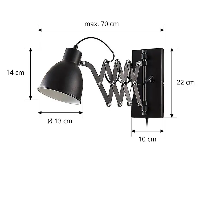 Lindby Wandleuchte Merle - schwarz, schwarz, E14 - Schwarze Metall-Scherenarm-Wandleuchte, ausziehbar bis 70 cm, mit Dome-Schirm.