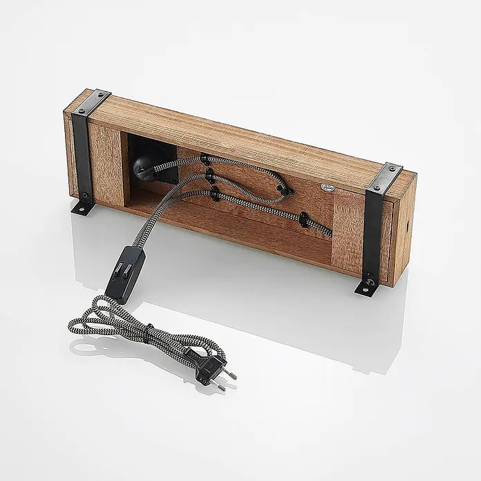 Lindby Wandleuchte Sverina - L x B x H: 12 x 40 x 10 cm, Holz dunkel, E27 - Rustikaler Holzblock mit schwarzen Metallakzenten, Textilkabeln, Schnurschalter und Stecker.