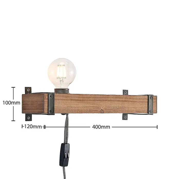 Lindby Wandleuchte Sverina - L x B x H: 12 x 40 x 10 cm, Holz dunkel, E27 - Rustikale Wandlampe mit braunem Holzsockel, dunklen Metallakzenten und sichtbarer LED-Glühbirne. Mit Textilkabel und Schnurschalter.