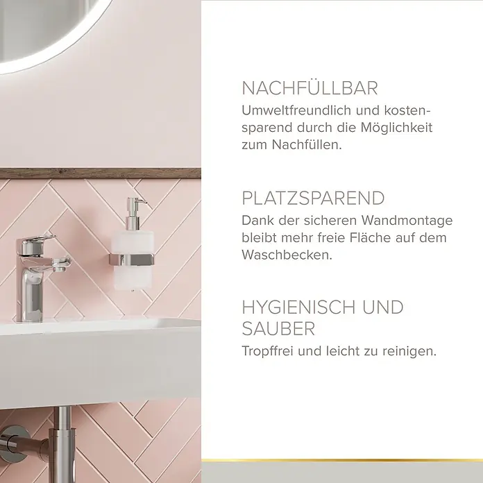 Lenz Aura Seifenspender - Mit Halterung, Chrom, Glänzend - Wandmontierter Seifenspender aus Glas und Chrom über einem Waschbecken.