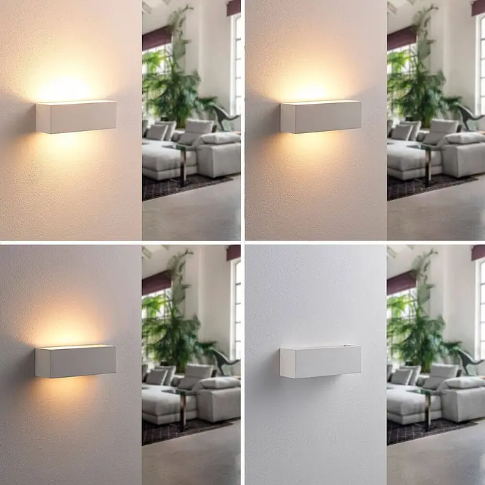 Lindby Wandleuchte Tjada - L x B x H: 7,5 x 21,8 x 7,5 cm, weiß / opal, G9 - Weiße rechteckige Wandleuchte an strukturierter Wand, zeigt warmes Up-Down-Licht und Aus-Zustand.