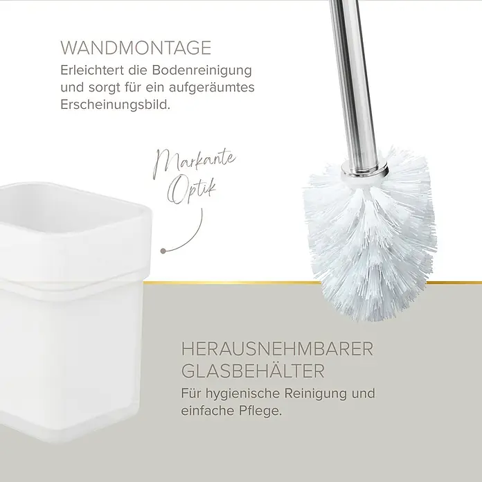 Lenz Aura WC-Bürstengarnitur - Mit Halterung, Chrom, Glänzend - Toilettenbürste mit weißen Borsten und silbernem Griff, in rechteckigem, abnehmbarem Glasbehälter zur Wandmontage.