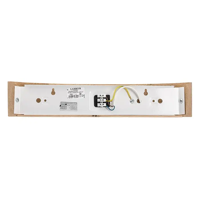 Envostar Wandleuchte Kerio - L x B x H: 11,5 x 40,5 x 8 cm, Holz hell, E27 - Rückseite einer Wandleuchte aus Holz und weißem Metall mit Verkabelung und Produktetikett.