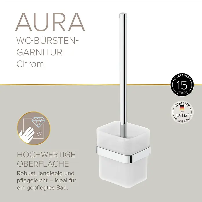 Lenz Aura WC-Bürstengarnitur - Mit Halterung, Chrom, Glänzend - Chrom- und weißes WC-Bürstengarnitur mit quadratischem Halter.