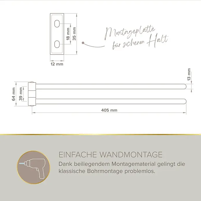 Lenz Aura Handtuchhalter - Breite: 6,5 cm, Silber, Glänzend - Technische Zeichnung eines doppelten Handtuchhalters mit Maßen, die Montageplatte und die einfache Bohrmontage zeigend.