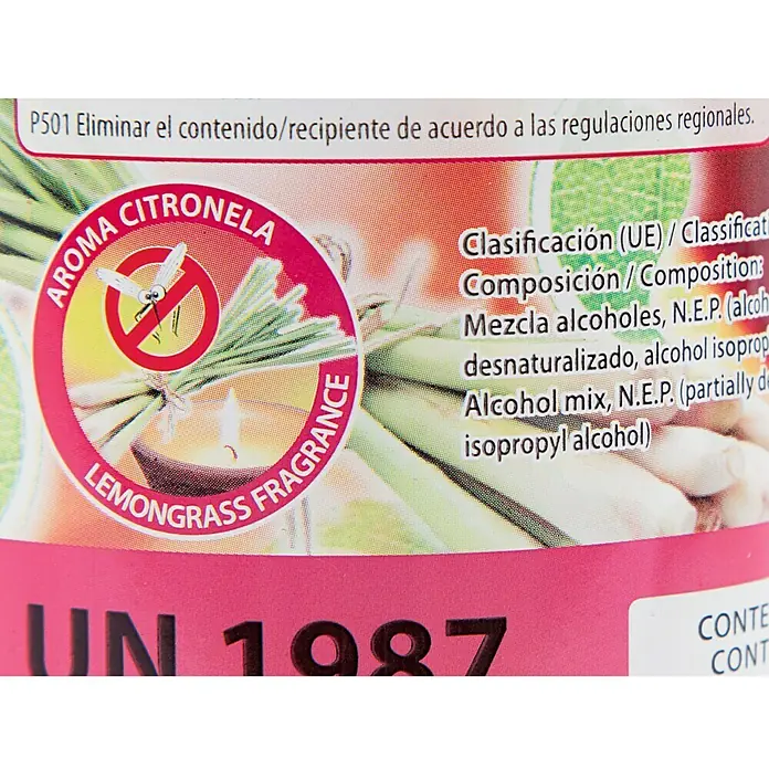 Purline Bioetanol Citronela - 1 l - Detalle de un producto con aroma a citronela y limoncillo, utilizado para repeler mosquitos y aromatizar espacios.