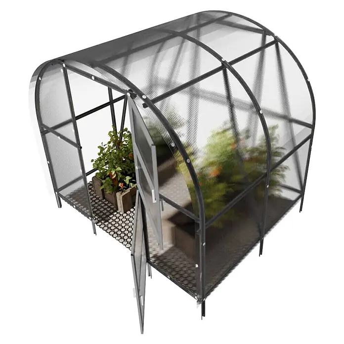 Klasika Greenhouses Gewächshaus Baltic Lt Klasika - Außenmaß inkl. Dachüberstand (B x T): 300 x 200 cm, Material Seitenwand: Kunststoff, 4 mm, Silbergrau - Gebogenes Gewächshaus mit dunklem Rahmen, transparenten Platten und Topfpflanzen, mit offener Tür.