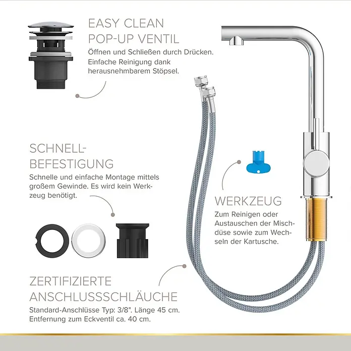 Lenz Waschtischarmatur Hoku - Chrom, Glänzend - Detaillierte Ansicht von Armaturenkomponenten: verchromter Pop-up-Ablauf, geflochtene Anschlussschläuche, Montagezubehör und blaues Wartungswerkzeug.