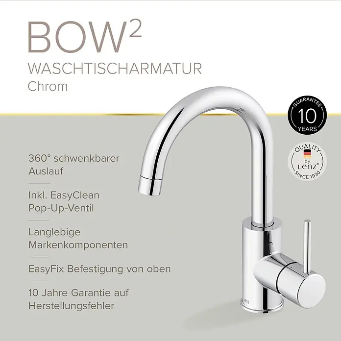 Lenz Bow Waschtischarmatur 2 - Chrom, Glänzend - Ein glänzender Chrom-Waschtischmischer mit gebogenem Auslauf und Einhebelgriff.
