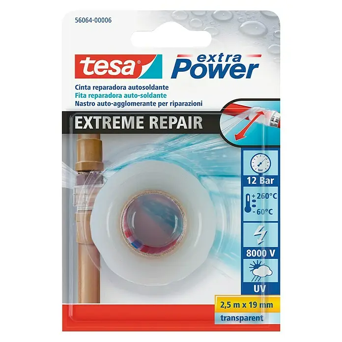 Tesa Cinta de reparación Extreme Repair - Transparente, 2,5 m x 19 mm - Imagen de la cinta Tesa extra Power Extreme Repair, transparente, 2,5 m x 19 mm, para reparaciones en condiciones extremas.