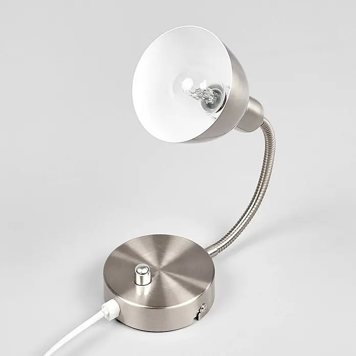 Lindby Wandleuchte Amrei - alu / grau / zink, alu / grau / zink, E14 - Gebürstete Metall-Leselampe mit flexiblem Schwanenhals, rundem Sockel, Druckschalter und klarer Glühbirne.