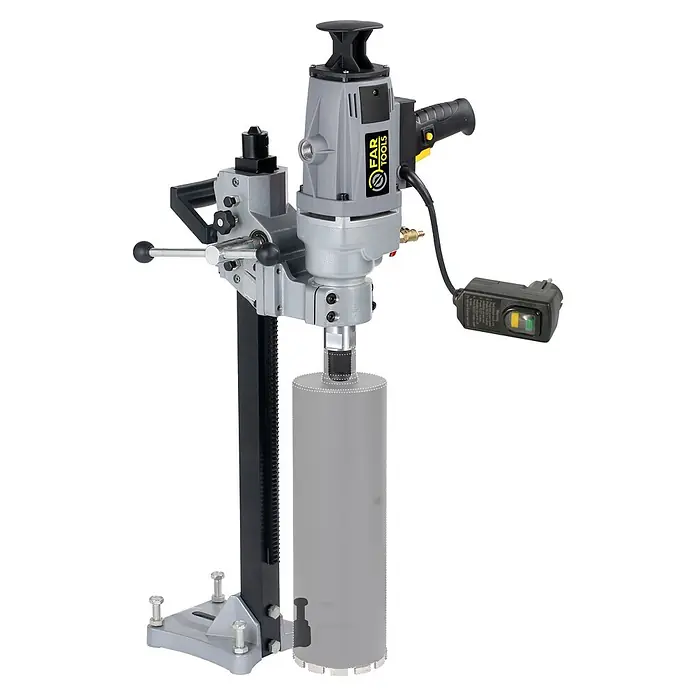 Fartools Taladro perforador de corona CB 2300S - 2.300 W, Diámetro de taladrado máx. en hormigón: 180 mm - Taladro de columna gris y negro con soporte, broca grande y cable de alimentación con interruptor de seguridad.