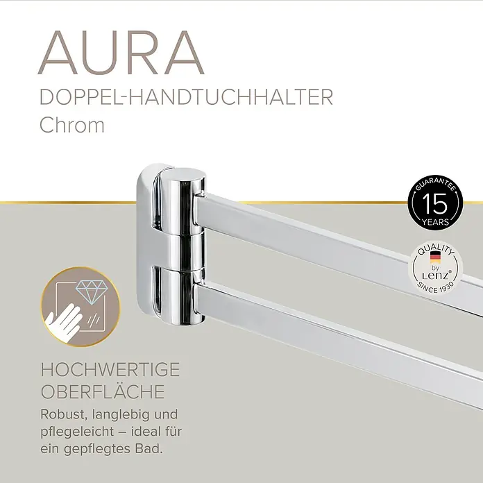 Lenz Aura Handtuchhalter - Breite: 6,5 cm, Silber, Glänzend - Verchromter Doppel-Handtuchhalter der AURA Serie.
